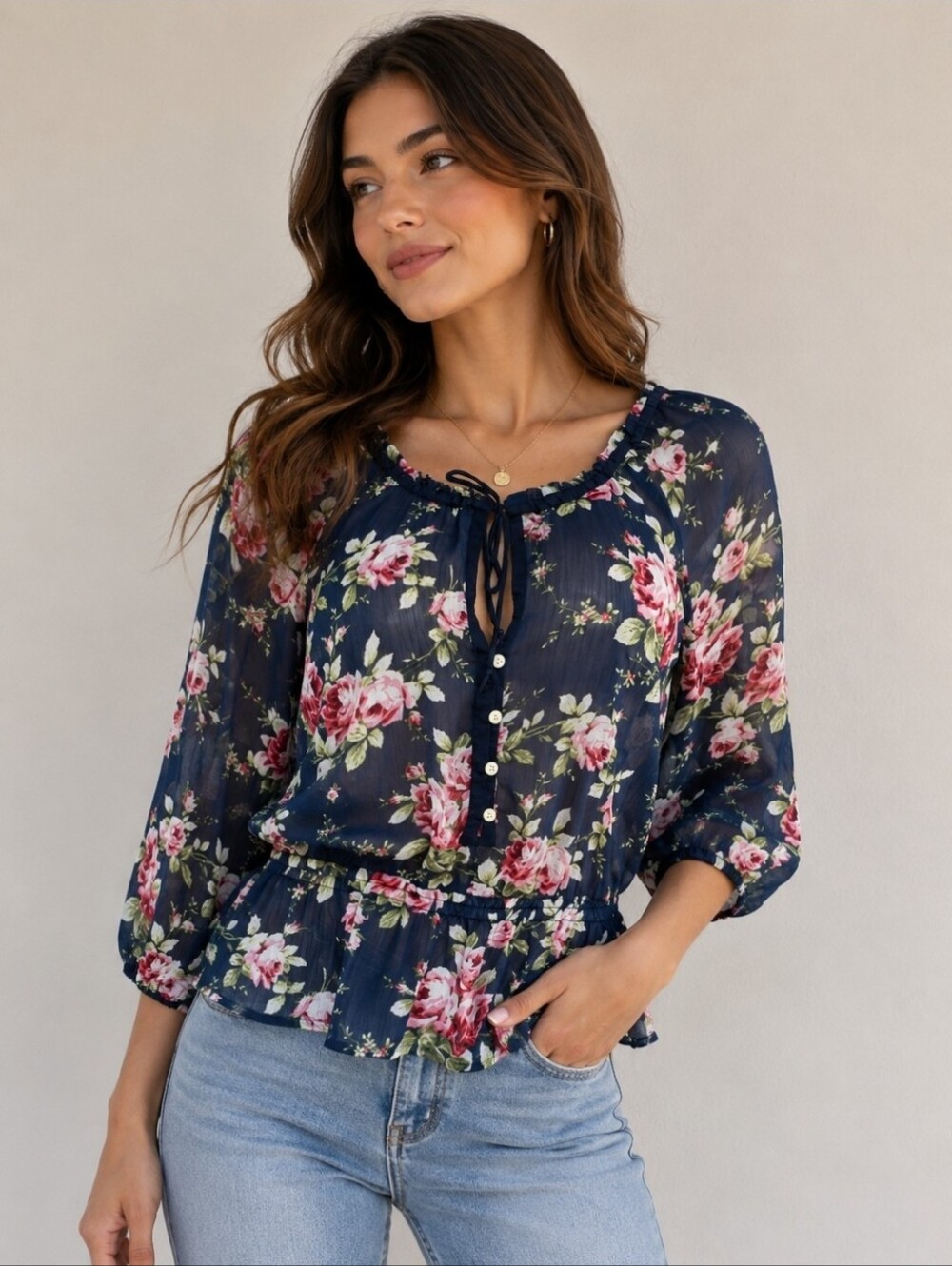 Abercrombie & Fitch Floral Sheer Navy Blouse Size S